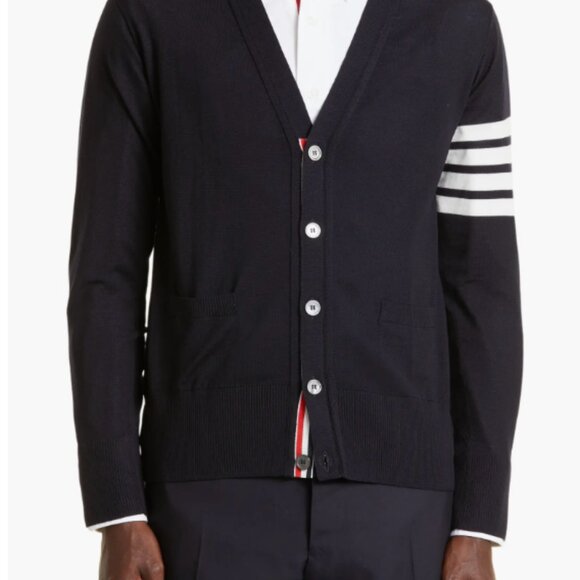 Thom Browne: 4-Bar Merino Wool Cardigan (Navy, Size 4) - Picture 2 of 6